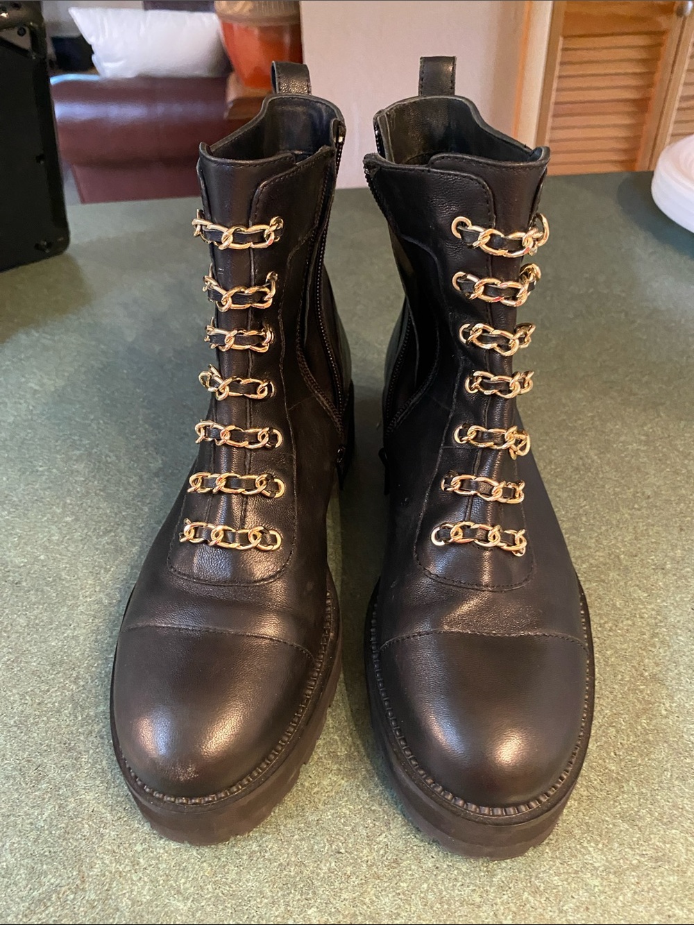 Combat style leather boot with chain